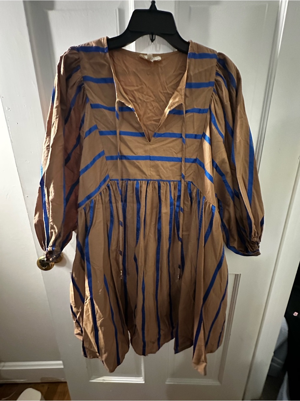 Blue-Striped Tan Women's V-Neck Dress